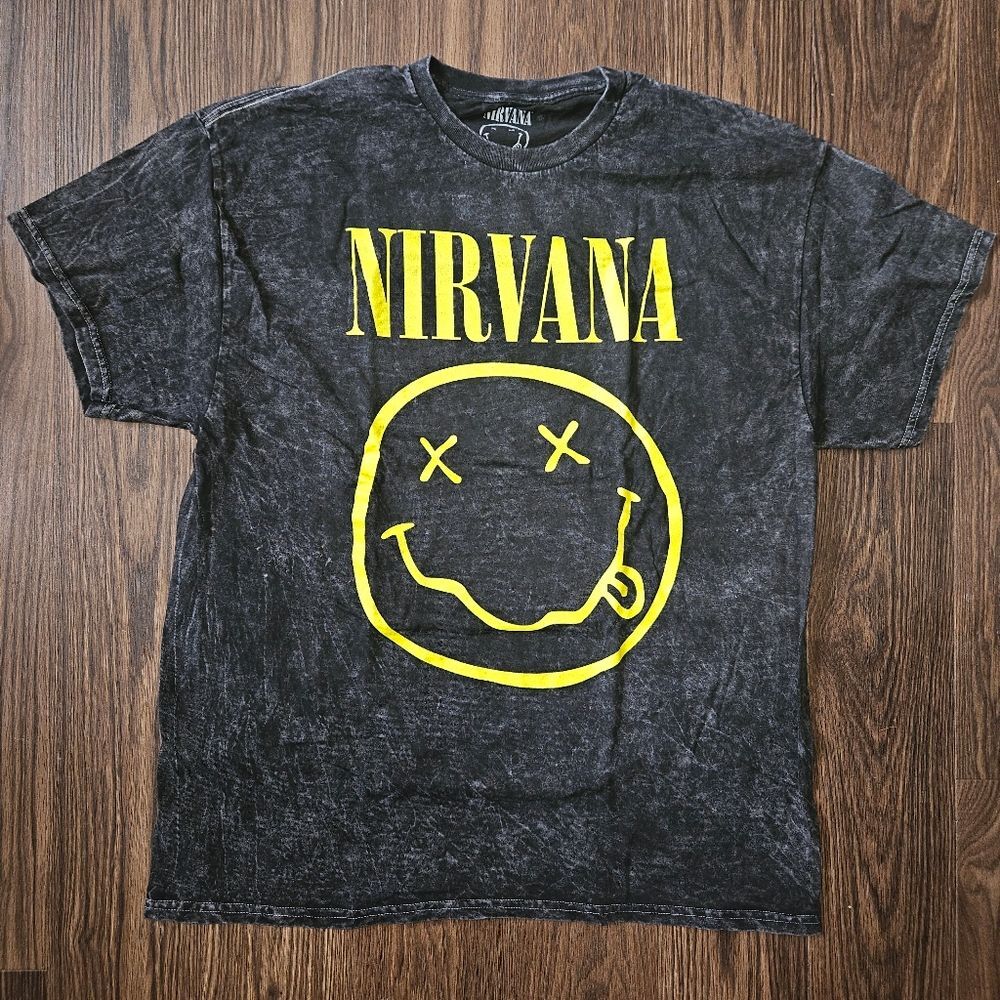 Nirvana Yellow Smiley Black Gray Distressed Stone Wash Tshirt XL Extra Large